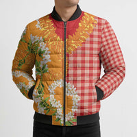 Prince Kuhio Aloha Hawaii Bomber Puffer Jacket Plumeria Ilima Lei Palaka Motifs