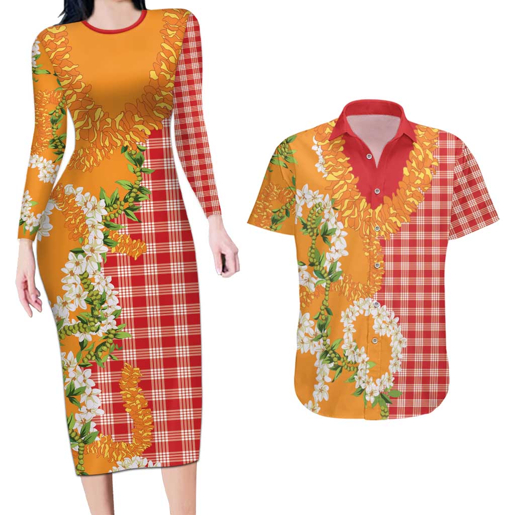 Prince Kuhio Aloha Hawaii Couples Matching Long Sleeve Bodycon Dress and Hawaiian Shirt Plumeria Ilima Lei Palaka Motifs LT14 Red - Polynesian Pride