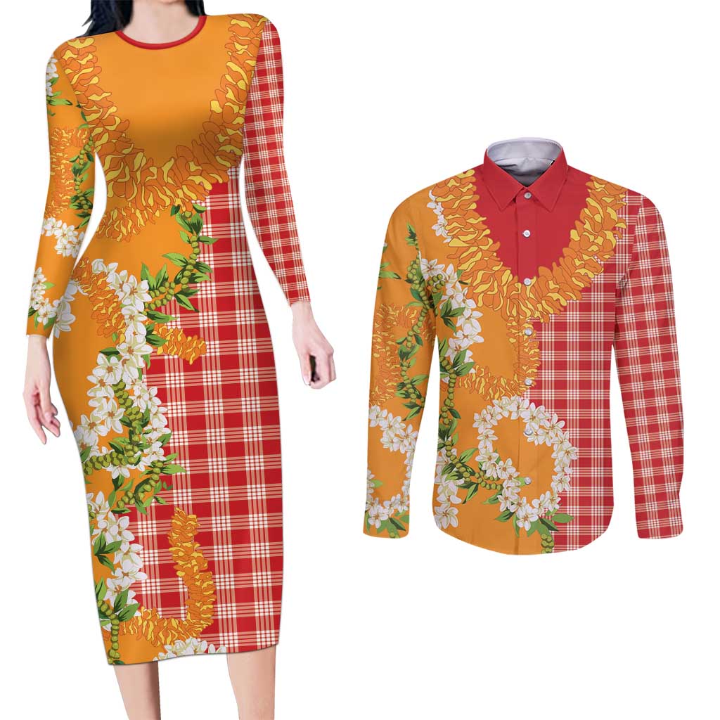 Prince Kuhio Aloha Hawaii Couples Matching Long Sleeve Bodycon Dress and Long Sleeve Button Shirt Plumeria Ilima Lei Palaka Motifs