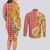 Prince Kuhio Aloha Hawaii Couples Matching Long Sleeve Bodycon Dress and Long Sleeve Button Shirt Plumeria Ilima Lei Palaka Motifs