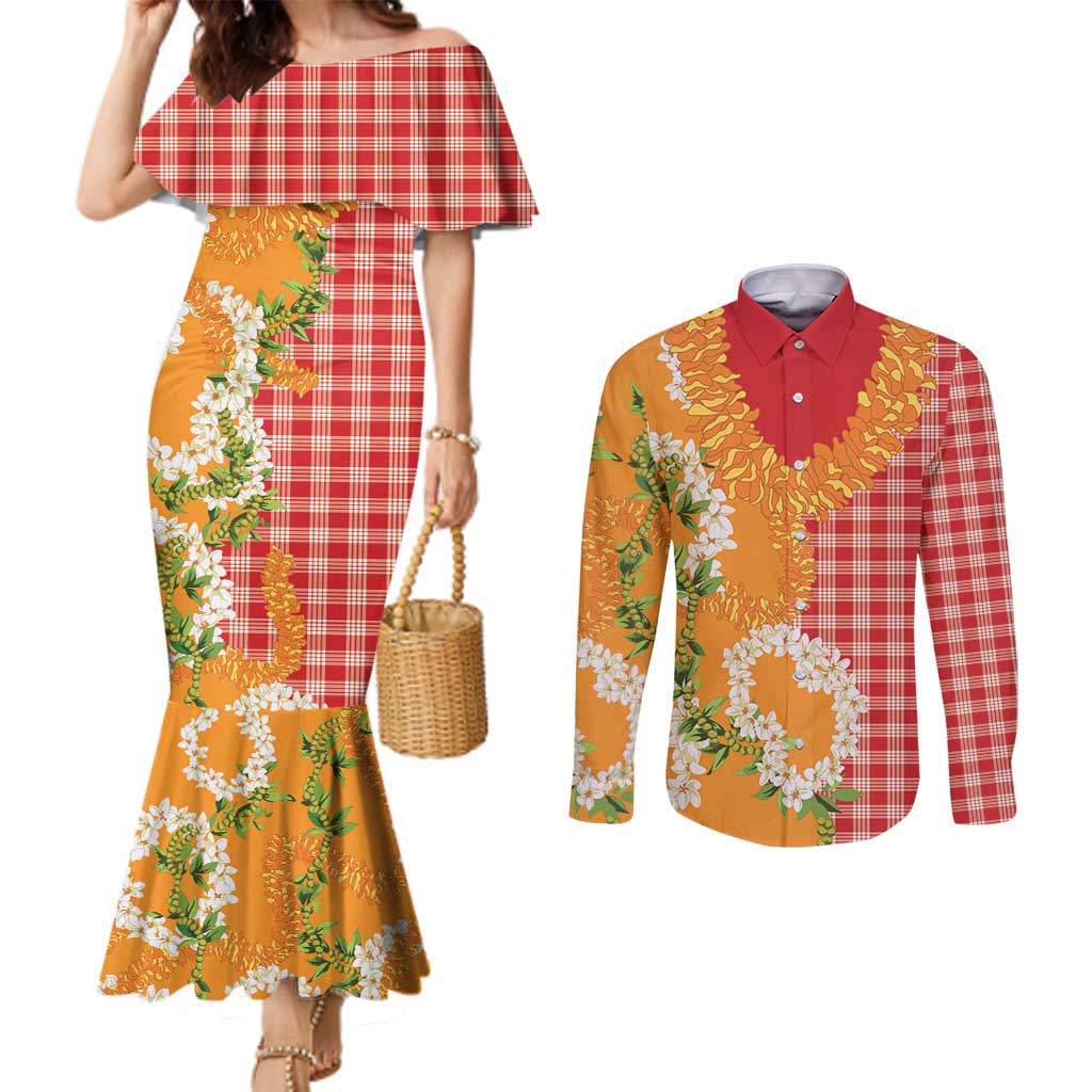 Prince Kuhio Aloha Hawaii Couples Matching Mermaid Dress and Long Sleeve Button Shirt Plumeria Ilima Lei Palaka Motifs LT14 Red - Polynesian Pride
