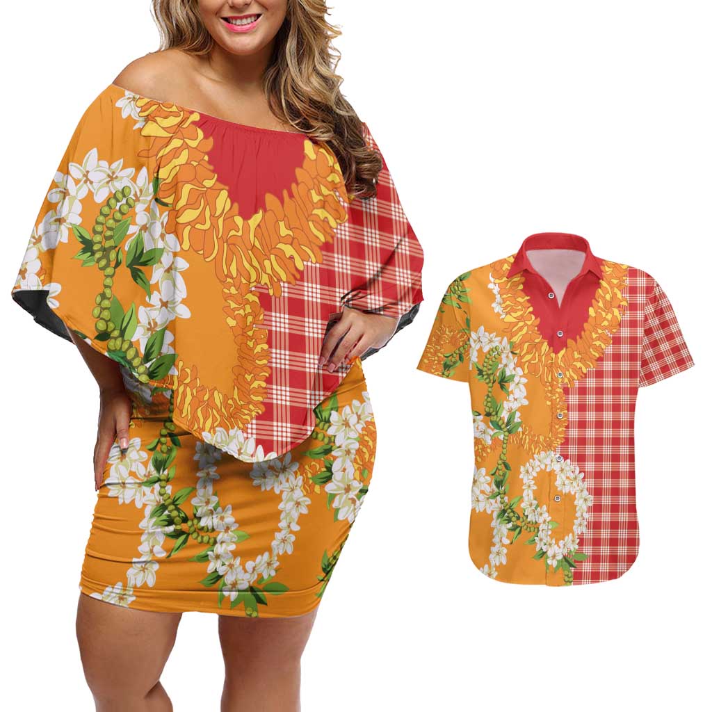 Prince Kuhio Aloha Hawaii Couples Matching Off Shoulder Short Dress and Hawaiian Shirt Plumeria Ilima Lei Palaka Motifs LT14 Red - Polynesian Pride