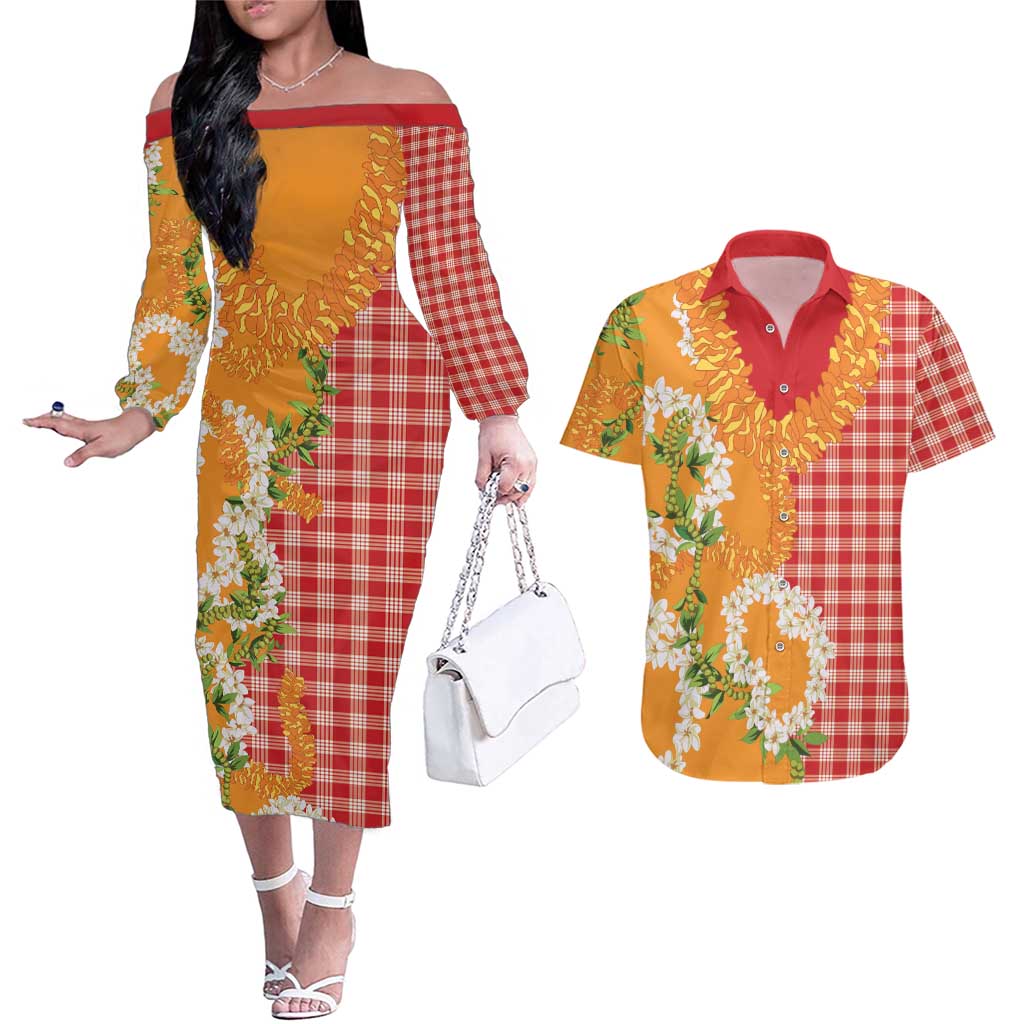 Prince Kuhio Aloha Hawaii Couples Matching Off The Shoulder Long Sleeve Dress and Hawaiian Shirt Plumeria Ilima Lei Palaka Motifs LT14 Red - Polynesian Pride