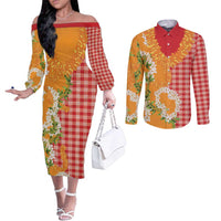 Prince Kuhio Aloha Hawaii Couples Matching Off The Shoulder Long Sleeve Dress and Long Sleeve Button Shirt Plumeria Ilima Lei Palaka Motifs
