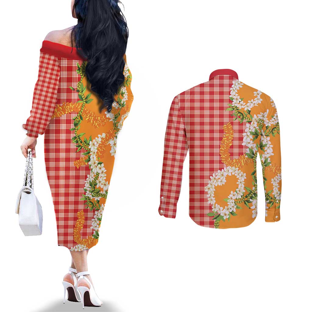 Prince Kuhio Aloha Hawaii Couples Matching Off The Shoulder Long Sleeve Dress and Long Sleeve Button Shirt Plumeria Ilima Lei Palaka Motifs