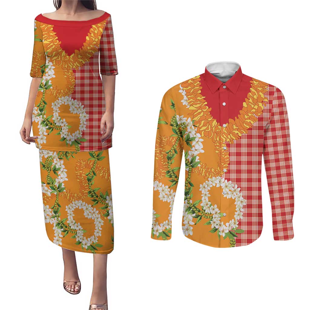 Prince Kuhio Aloha Hawaii Couples Matching Puletasi and Long Sleeve Button Shirt Plumeria Ilima Lei Palaka Motifs LT14 Red - Polynesian Pride