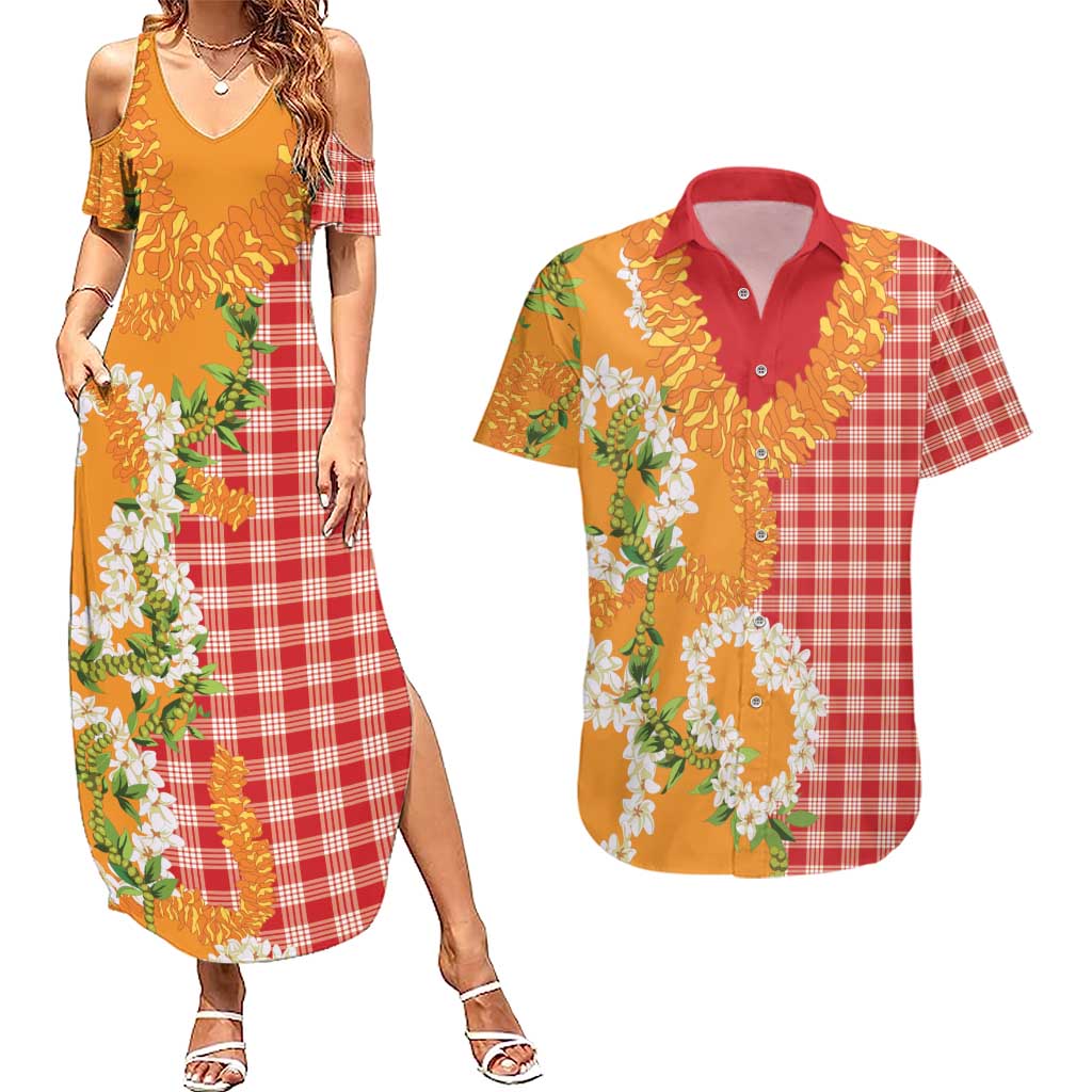 Prince Kuhio Aloha Hawaii Couples Matching Summer Maxi Dress and Hawaiian Shirt Plumeria Ilima Lei Palaka Motifs LT14 Red - Polynesian Pride