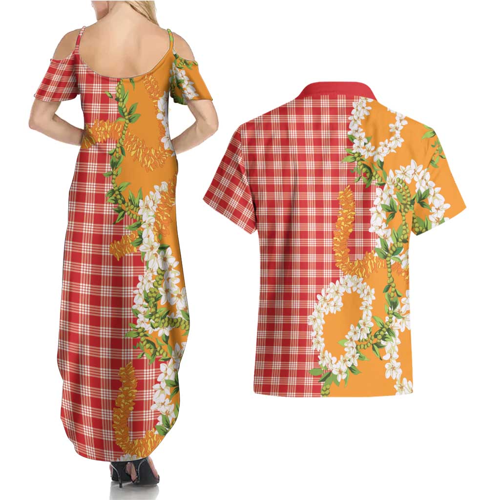 Prince Kuhio Aloha Hawaii Couples Matching Summer Maxi Dress and Hawaiian Shirt Plumeria Ilima Lei Palaka Motifs