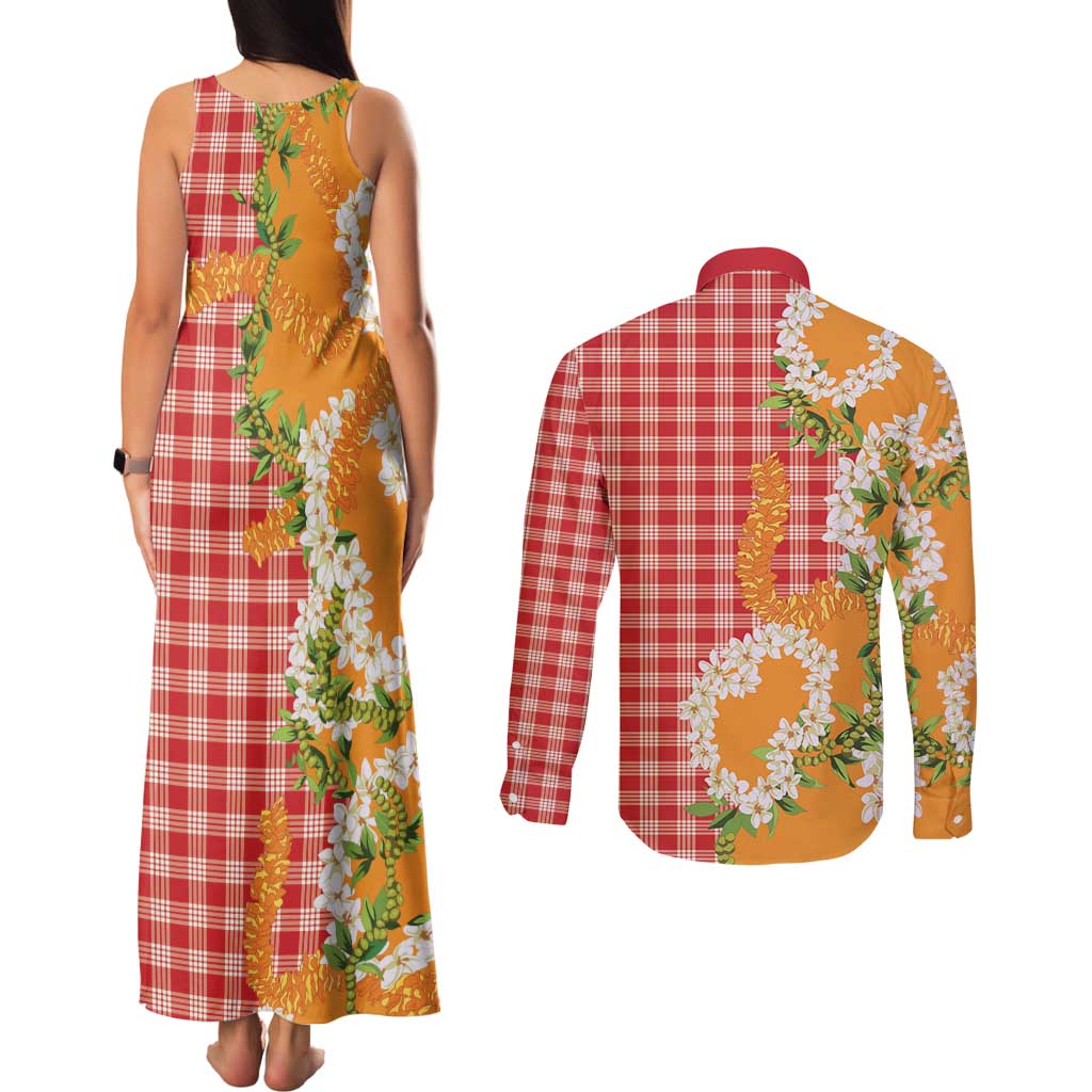 Prince Kuhio Aloha Hawaii Couples Matching Tank Maxi Dress and Long Sleeve Button Shirt Plumeria Ilima Lei Palaka Motifs