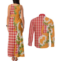 Prince Kuhio Aloha Hawaii Couples Matching Tank Maxi Dress and Long Sleeve Button Shirt Plumeria Ilima Lei Palaka Motifs