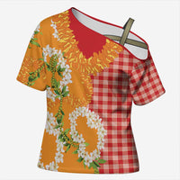 Prince Kuhio Aloha Hawaii Cross Shoulder Shirt Plumeria Ilima Lei Palaka Motifs LT14 Female Red - Polynesian Pride