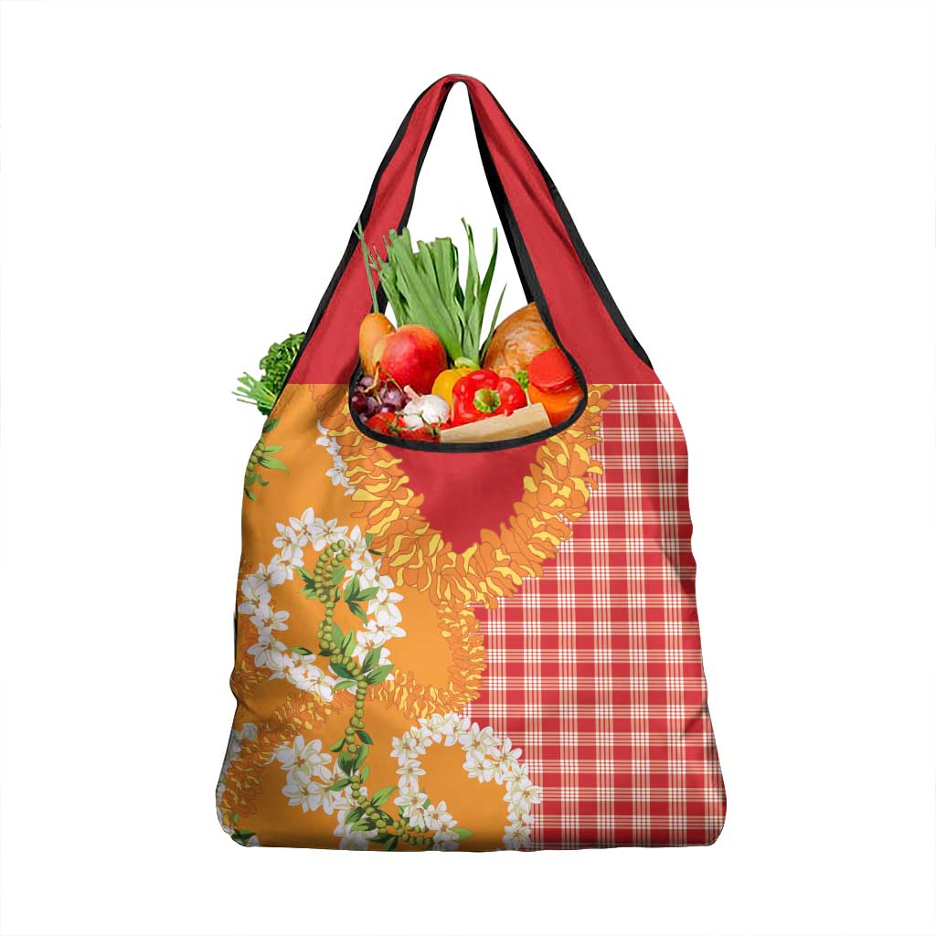 Prince Kuhio Aloha Hawaii Grocery Bag Plumeria Ilima Lei Palaka Motifs LT14 1-pack One Size Red - Polynesian Pride