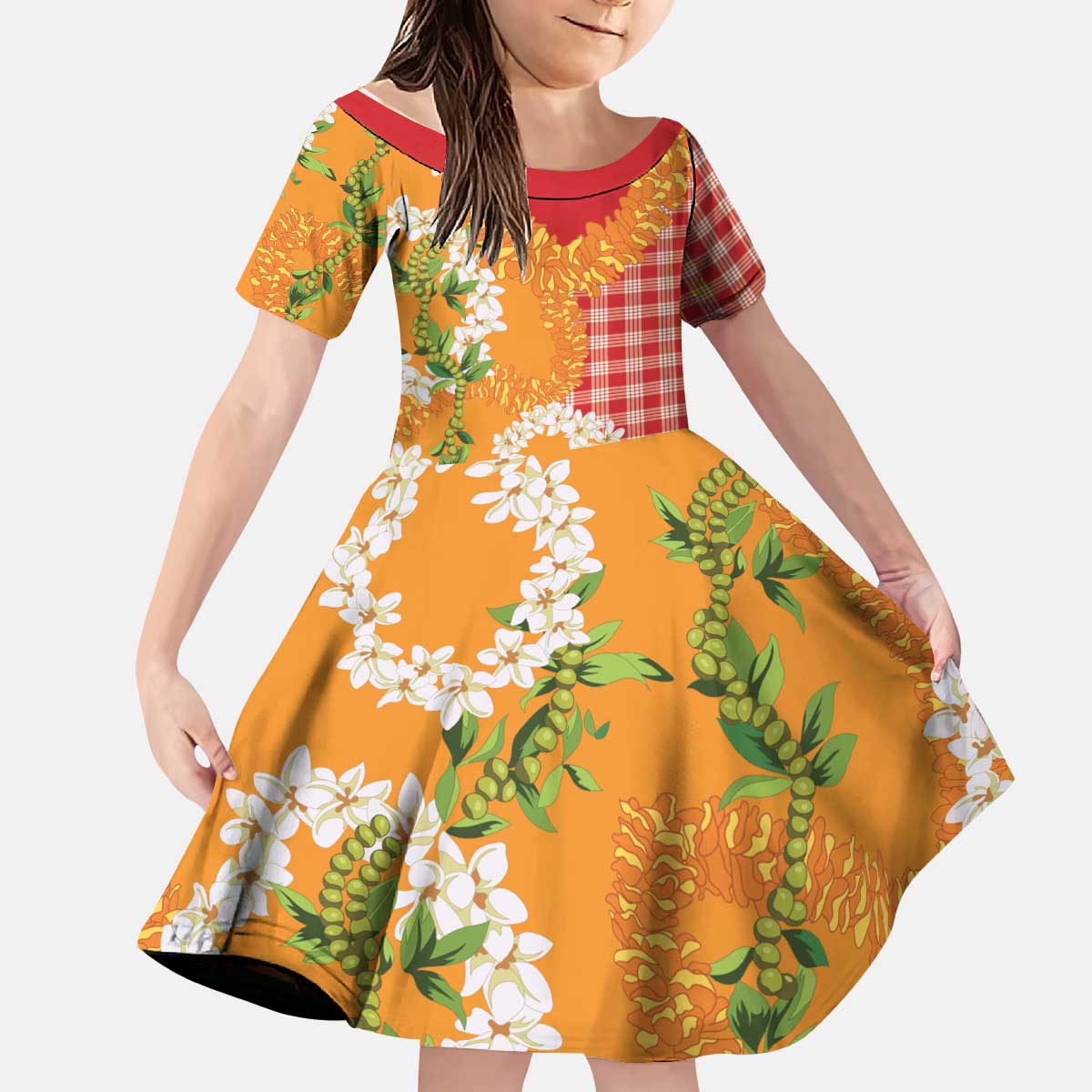 Prince Kuhio Aloha Hawaii Kid Short Sleeve Dress Plumeria Ilima Lei Palaka Motifs LT14 KID Red - Polynesian Pride