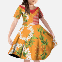 Prince Kuhio Aloha Hawaii Kid Short Sleeve Dress Plumeria Ilima Lei Palaka Motifs LT14 KID Red - Polynesian Pride