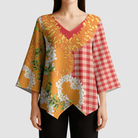 Prince Kuhio Aloha Hawaii Kimono Sleeve Blouse Plumeria Ilima Lei Palaka Motifs LT14 - Polynesian Pride