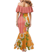 Prince Kuhio Aloha Hawaii Mermaid Dress Plumeria Ilima Lei Palaka Motifs LT14 - Polynesian Pride