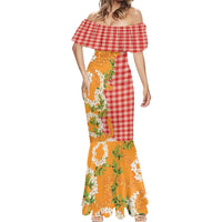 Prince Kuhio Aloha Hawaii Mermaid Dress Plumeria Ilima Lei Palaka Motifs LT14 - Polynesian Pride