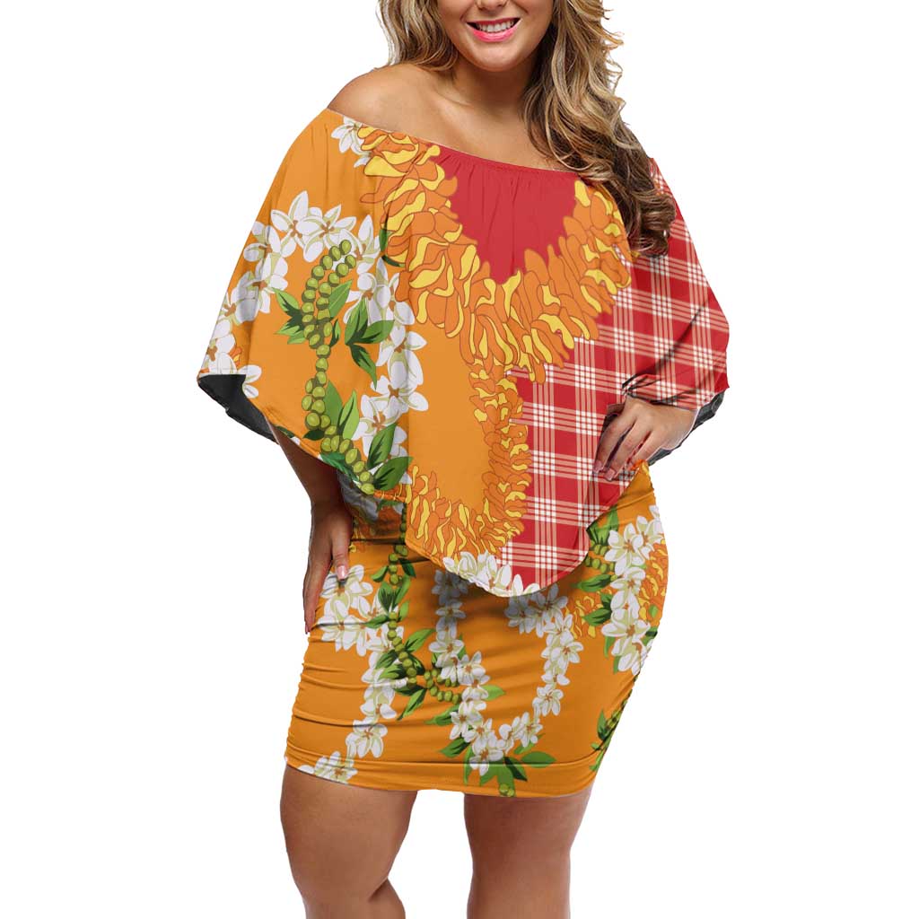Prince Kuhio Aloha Hawaii Off Shoulder Short Dress Plumeria Ilima Lei Palaka Motifs