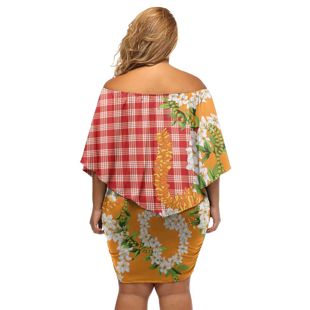 Prince Kuhio Aloha Hawaii Off Shoulder Short Dress Plumeria Ilima Lei Palaka Motifs LT14 - Polynesian Pride
