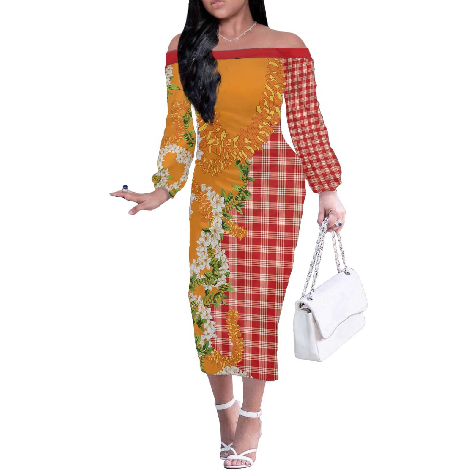 Prince Kuhio Aloha Hawaii Off The Shoulder Long Sleeve Dress Plumeria Ilima Lei Palaka Motifs
