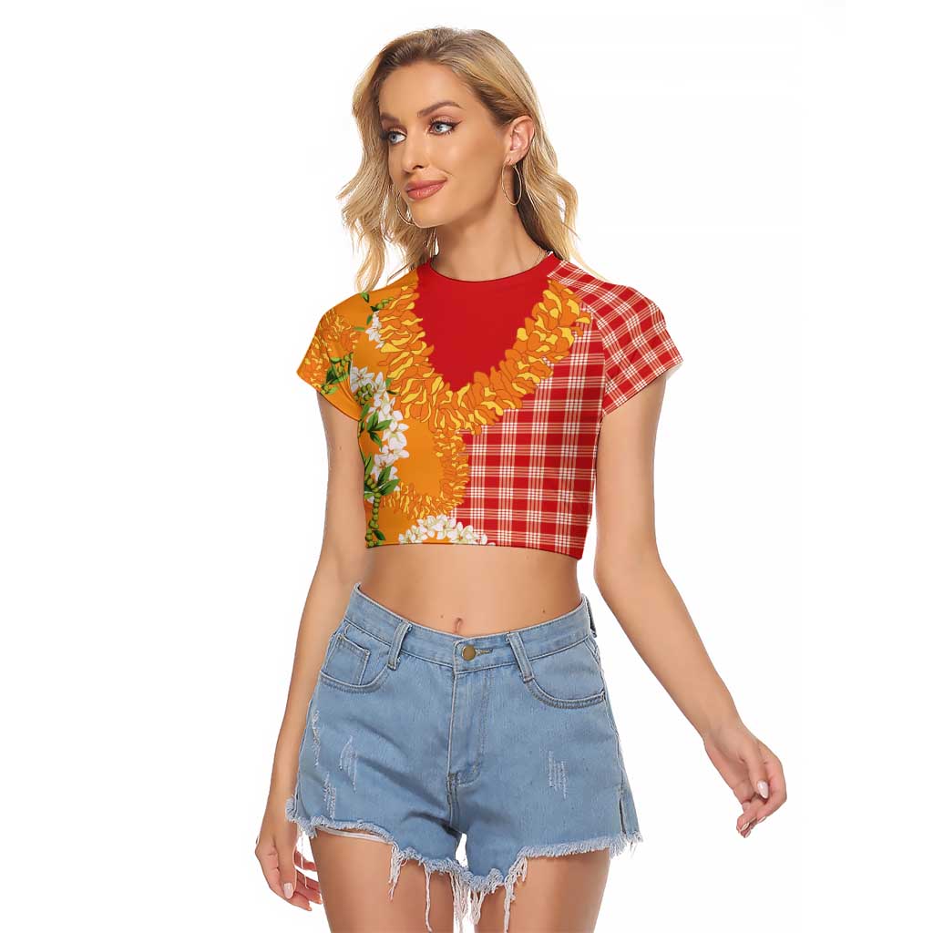 Prince Kuhio Aloha Hawaii Raglan Cropped T Shirt Plumeria Ilima Lei Palaka Motifs LT14 Female Red - Polynesian Pride