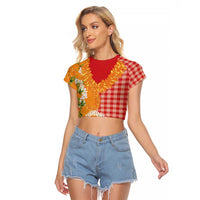 Prince Kuhio Aloha Hawaii Raglan Cropped T Shirt Plumeria Ilima Lei Palaka Motifs LT14 Female Red - Polynesian Pride