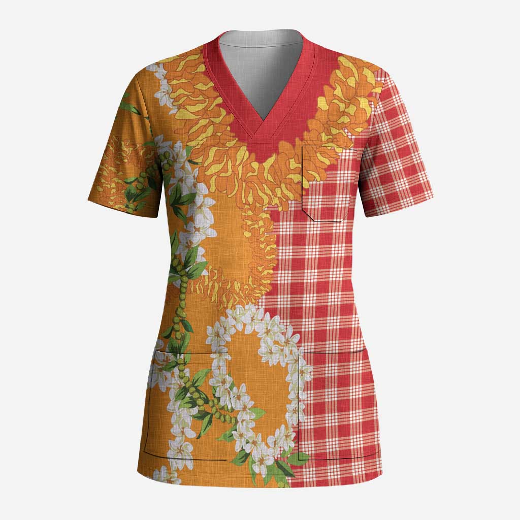 Prince Kuhio Aloha Hawaii Scrub Top Plumeria Ilima Lei Palaka Motifs LT14 Adult Red - Polynesian Pride