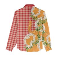 Prince Kuhio Aloha Hawaii Women Casual Shirt Plumeria Ilima Lei Palaka Motifs