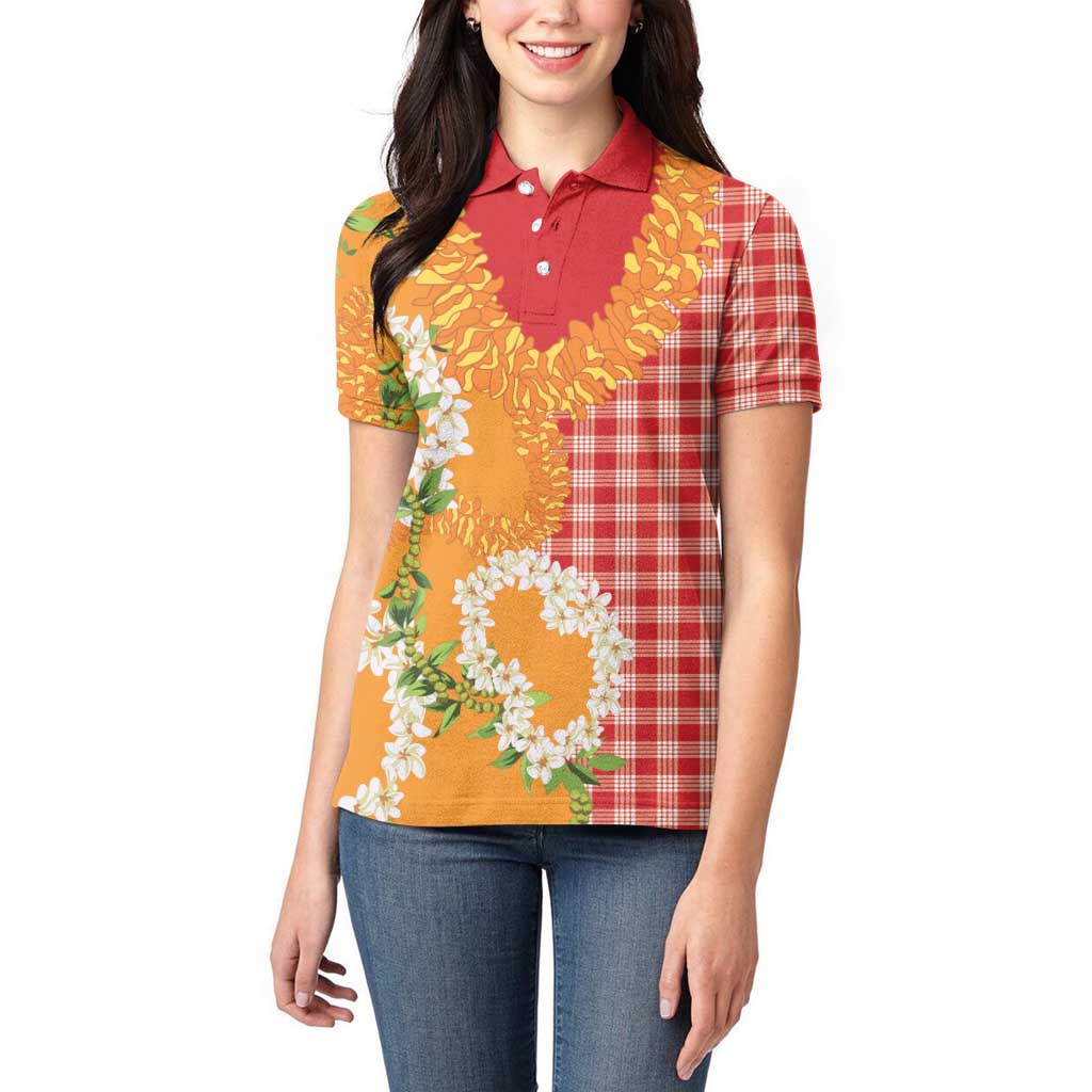 Prince Kuhio Aloha Hawaii Women Polo Shirt Plumeria Ilima Lei Palaka Motifs