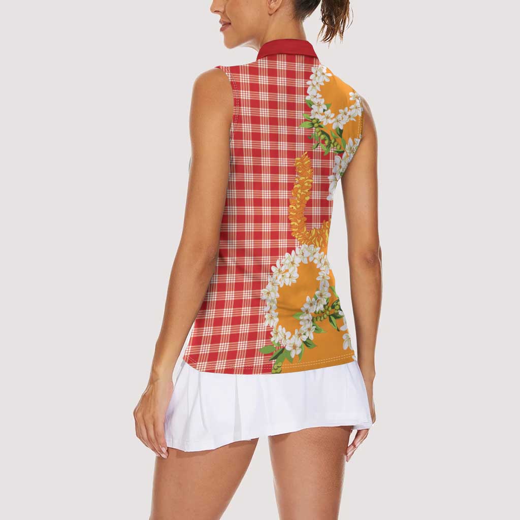 Prince Kuhio Aloha Hawaii Women Sleeveless Polo Shirt Plumeria Ilima Lei Palaka Motifs