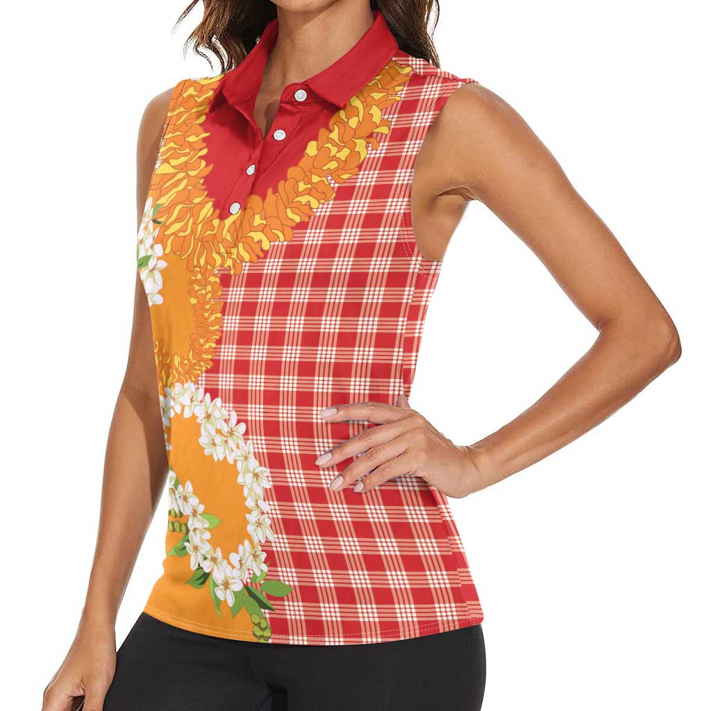 Prince Kuhio Aloha Hawaii Women Sleeveless Polo Shirt Plumeria Ilima Lei Palaka Motifs