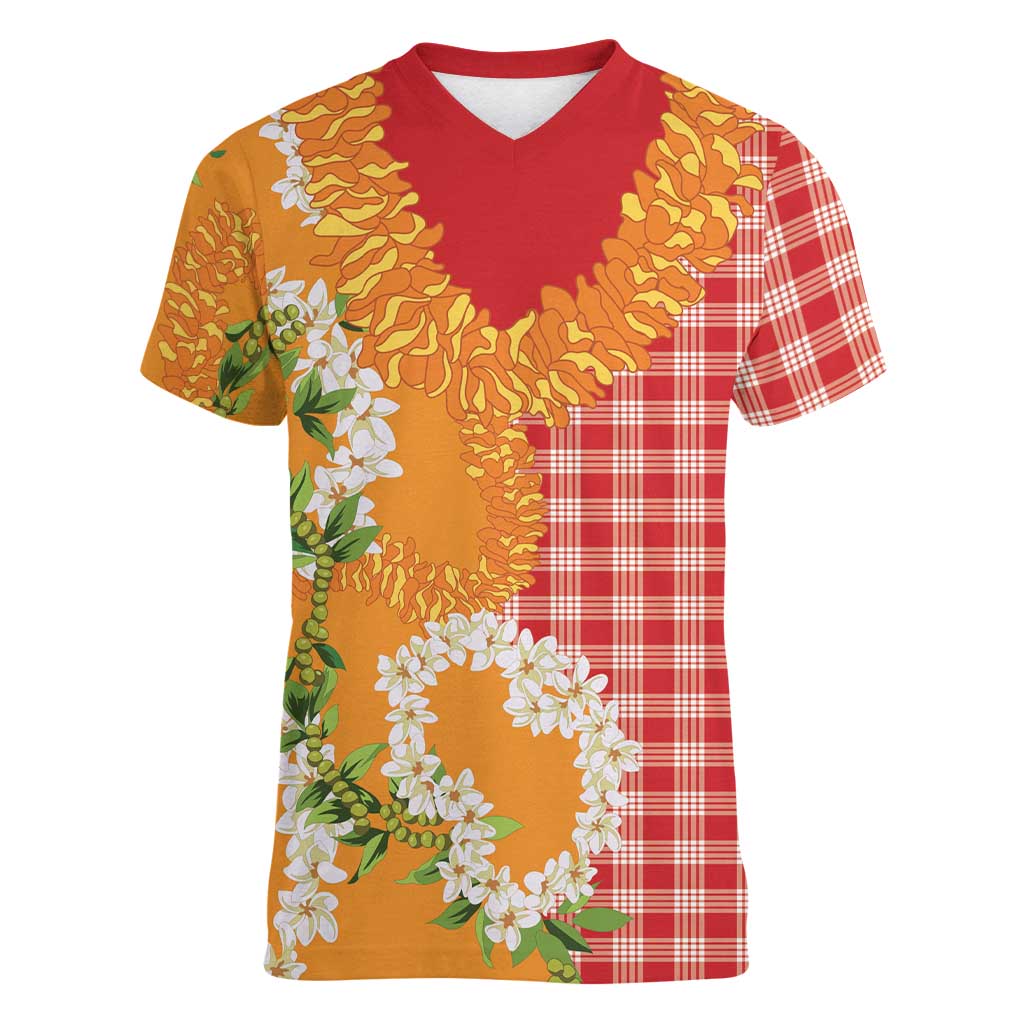 Prince Kuhio Aloha Hawaii Women V-Neck T-Shirt Plumeria Ilima Lei Palaka Motifs