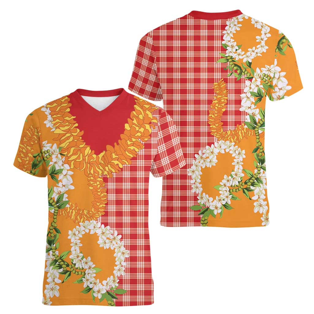 Prince Kuhio Aloha Hawaii Women V-Neck T-Shirt Plumeria Ilima Lei Palaka Motifs