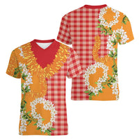 Prince Kuhio Aloha Hawaii Women V-Neck T-Shirt Plumeria Ilima Lei Palaka Motifs