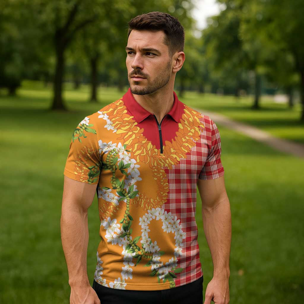 Prince Kuhio Aloha Hawaii Zipper Polo Shirt Plumeria Ilima Lei Palaka Motifs LT14 - Polynesian Pride