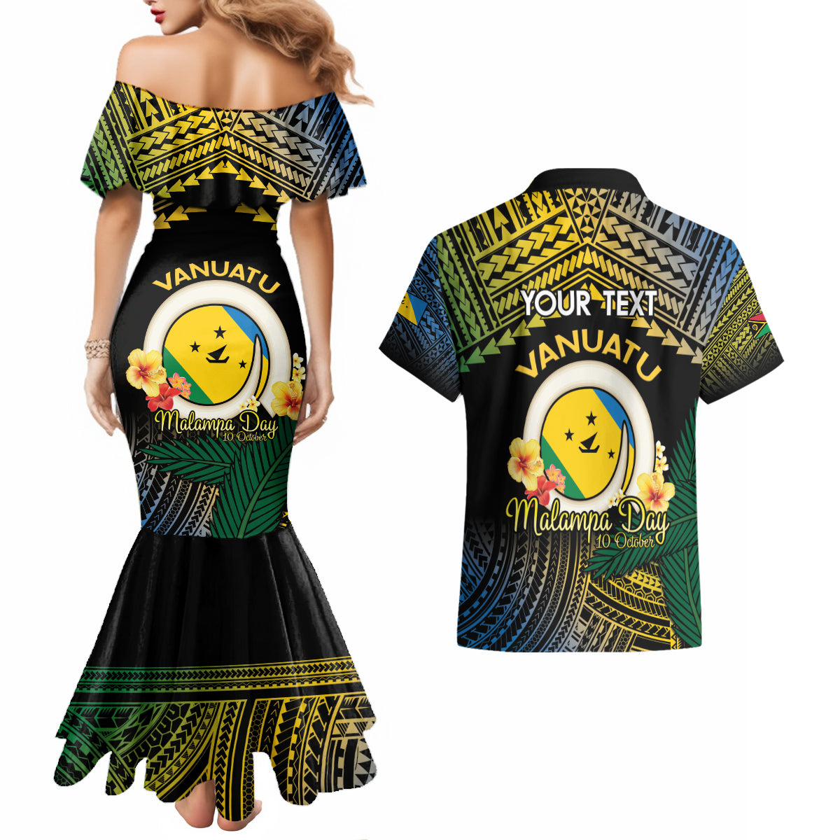 Personalised Malampa Day Couples Matching Mermaid Dress and Hawaiian Shirt Vanuatu Provinces Polynesian Pattern