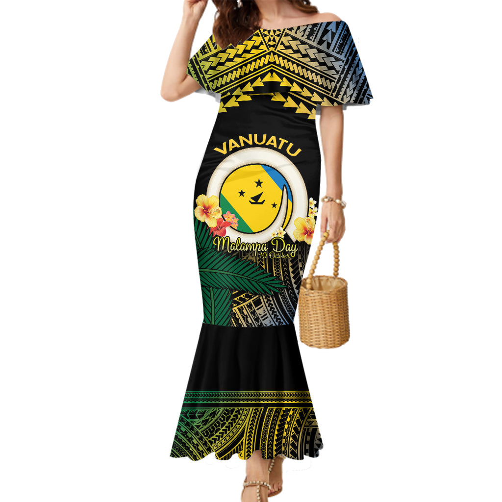 Personalised Malampa Day Family Matching Mermaid Dress and Hawaiian Shirt Vanuatu Provinces Polynesian Pattern LT14 Mom's Dress Black - Polynesian Pride