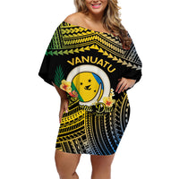 Personalised Malampa Day Family Matching Off Shoulder Short Dress and Hawaiian Shirt Vanuatu Provinces Polynesian Pattern LT14 Mom's Dress Black - Polynesian Pride
