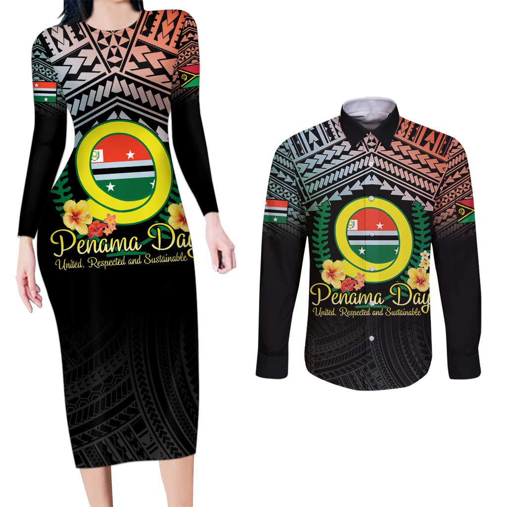Personalised Penama Day Couples Matching Long Sleeve Bodycon Dress and Long Sleeve Button Shirt Vanuatu Provinces Polynesian Pattern LT14 Black - Polynesian Pride