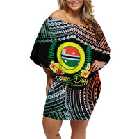 Personalised Penama Day Family Matching Off Shoulder Short Dress and Hawaiian Shirt Vanuatu Provinces Polynesian Pattern LT14 Mom's Dress Black - Polynesian Pride