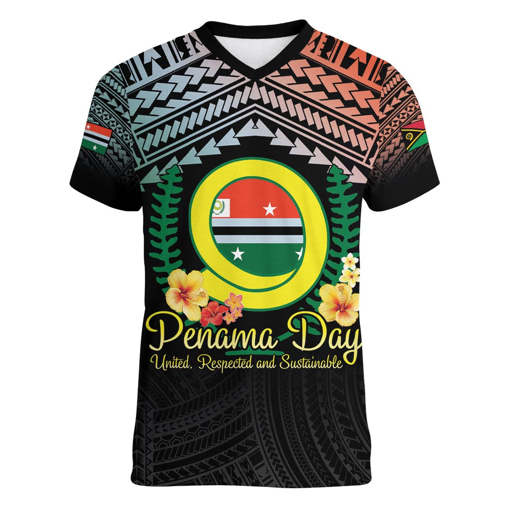 Personalised Penama Day Women V-Neck T-Shirt Vanuatu Provinces Polynesian Pattern LT14 Female Black - Polynesian Pride