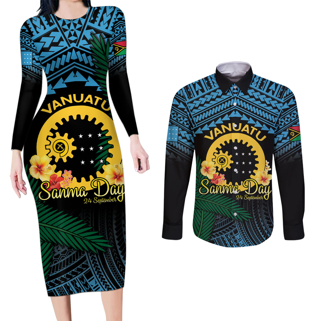 Personalised Sanma Day Couples Matching Long Sleeve Bodycon Dress and Long Sleeve Button Shirt Vanuatu Provinces Polynesian Pattern LT14 Black - Polynesian Pride