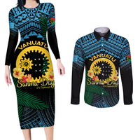 Personalised Sanma Day Couples Matching Long Sleeve Bodycon Dress and Long Sleeve Button Shirt Vanuatu Provinces Polynesian Pattern LT14 Black - Polynesian Pride