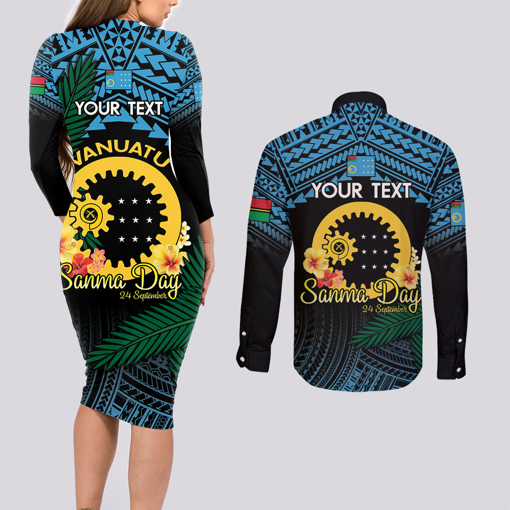 Personalised Sanma Day Couples Matching Long Sleeve Bodycon Dress and Long Sleeve Button Shirt Vanuatu Provinces Polynesian Pattern LT14 - Polynesian Pride