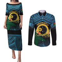 Personalised Sanma Day Couples Matching Puletasi and Long Sleeve Button Shirt Vanuatu Provinces Polynesian Pattern LT14 Black - Polynesian Pride