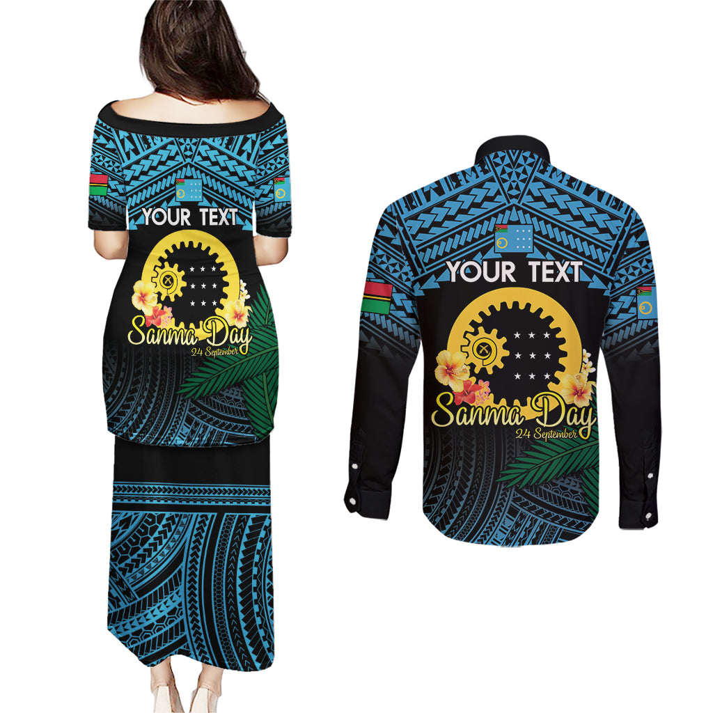 Personalised Sanma Day Couples Matching Puletasi and Long Sleeve Button Shirt Vanuatu Provinces Polynesian Pattern LT14 - Polynesian Pride