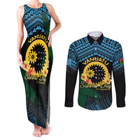Personalised Sanma Day Couples Matching Tank Maxi Dress and Long Sleeve Button Shirt Vanuatu Provinces Polynesian Pattern LT14 Black - Polynesian Pride