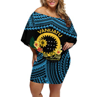 Personalised Sanma Day Family Matching Off Shoulder Short Dress and Hawaiian Shirt Vanuatu Provinces Polynesian Pattern LT14 Mom's Dress Black - Polynesian Pride
