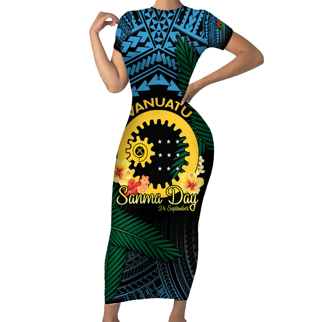 Personalised Sanma Day Family Matching Short Sleeve Bodycon Dress and Hawaiian Shirt Vanuatu Provinces Polynesian Pattern LT14 Mom's Dress Black - Polynesian Pride