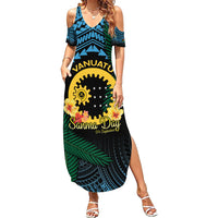 Personalised Sanma Day Family Matching Summer Maxi Dress and Hawaiian Shirt Vanuatu Provinces Polynesian Pattern LT14 Mom's Dress Black - Polynesian Pride